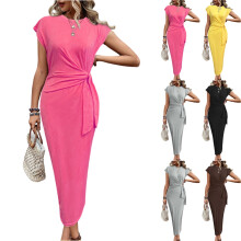 Vestido casual de día amarillo, talla S, cuello redondo, manga corta.