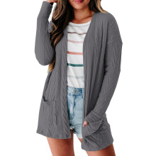 Gilet en maille grise unie pour femme, manches longues, coupe ample