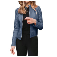 Chaqueta de motorista de piel sintética para mujer, corte ajustado, azul, talla L