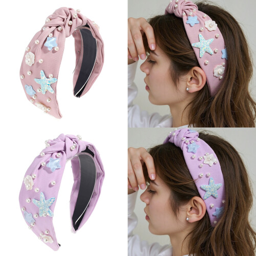 Tiara de cabelo com nó de pérolas artificiais e conchas para mulheres (1 peça) 1