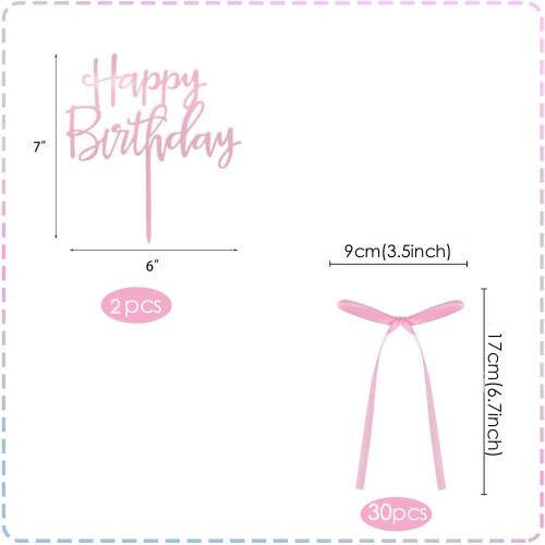 Conjunto de 1 enfeite de bolo de plástico rosa com laço e placa de aniversário.
