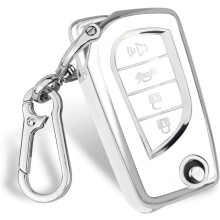 Soft TPU Car Key Cover for Toyota – Compatible with RAV4, Camry, Fortuner, Tundra, Corolla, C-HR, Highlander; 4-Button Foldable Key (Silver-Pink)
