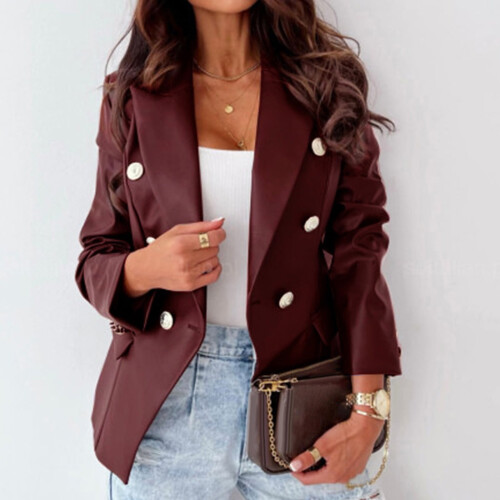 Damen-Kunstlederjacke, einfarbig, langärmelig, rot 1