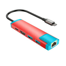 6 in 1 USB C Naar HD Adapter voor 2, USB C Docking Station met 4K@60Hz HD/Type C/USB 3.0/1000M LAN Poort Rood