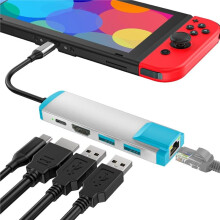 6 in 1 USB C Naar HD Adapter voor 2, USB C Docking Station met 4K@60Hz HD/Type C/USB 3.0/1000M LAN Poort Zilver