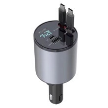 Retractable Car Charger, 4-in-1 Fast Car Phone Charger Dual Type-C 120W Cigarette Lighter USB Car Charger Adapter