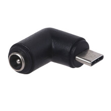 Adaptador acodado USB-C hembra a 5,5 x 2,1 mm macho, color negro.