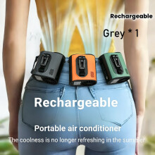 (Gray fan, 3.82x3.62x3.02) Waist and Neck-worn Cooling Fan with Built-in Stand, Featuring a Brushless Motor for Powerful Airflow and Intense