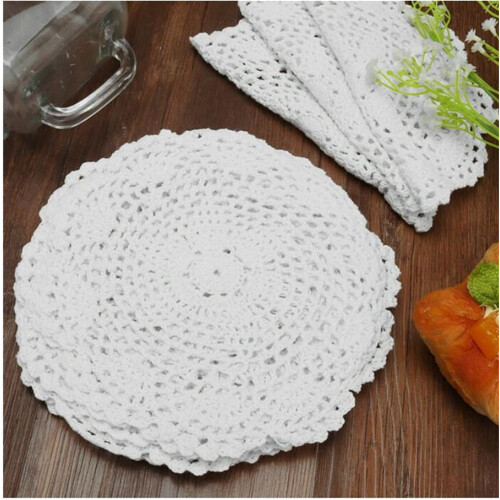 White cotton crocheted placemats with lace doilies 12 pcs