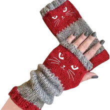 Damen-Strickhandschuhe ohne Finger mit Katzenstickerei, warm