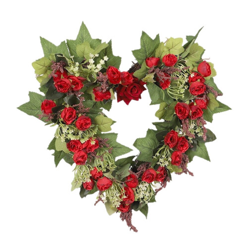 Corona de rosas artificiales en forma de corazón, roja, 35,5 cm (14 pulgadas)