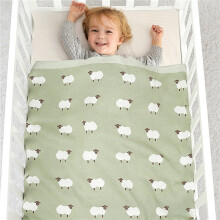 (Green) Babygebreide deken – zacht katoenen babydeken met schattig schapenpatroon, kinderwagenhoes en kinderkamersprei, 90 x 70