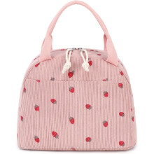 Sac à lunch isotherme en velours côtelé rose à imprimé fraise1