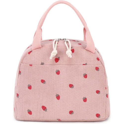 Isolierte Lunchtasche aus rosa Cord mit Erdbeermuster 1
