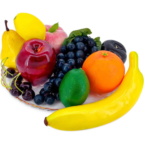 Pacote com 20 frutas artificiais para decoração de casa.