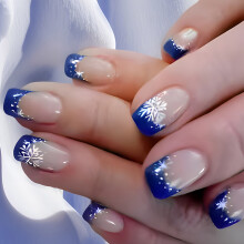 Holiday Short Square Christmas Press On Nails with Blue White and Snowflake Pattern Glossy Full Covers for Women