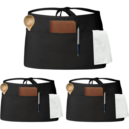 NestE Server Apron with 3 Pockets Black Half Apron