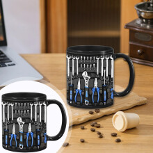 Mug à café en céramique noire, motif boîte à outils de mécanicien, 8 x 9,5 cm