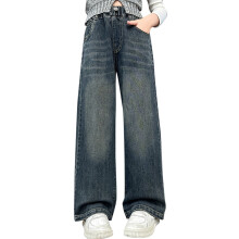 Girl Pants,Girls Wide Leg Jeans High Elastic Waist Bow Detail Baggy Denim Casual Streetwear Playwear,School Kids Clothes,04 Blue,10-11 Years
