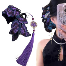 Haarspange mit Schmetterlingsstickerei im chinesischen Stil und Quaste, Schmetterlingshaarspangen für Damen, für Alltag und Party (D)