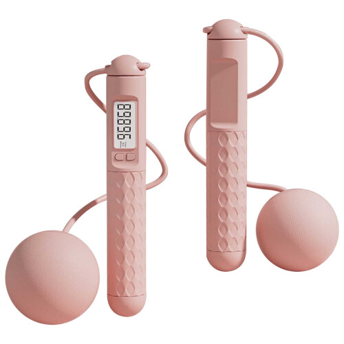 Corda de pular com contador, rosa, ajustável e com peso para exercícios.