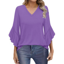 Lila Bluse mit Glockenärmeln und V-Ausschnitt für Damen, 3/4-Ärmel