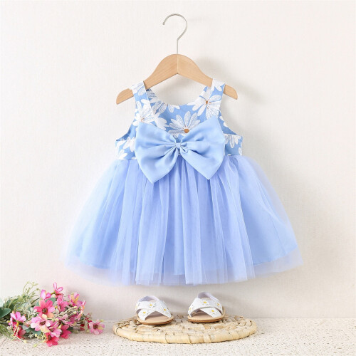 UFOUND Mädchen-Sommerkleid mit Blumenmuster, ärmellos, Rüschen, Schleife