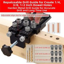 Woodworking Dowel Jig Kit, Adjustable Drill Guide with 1/4 3/8 1/2 Inch Bushings & Bits for DIY Wood Joints