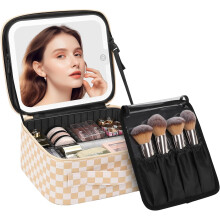 Trousse de maquillage LED avec miroir 3 couleurs et séparateurs ajustables