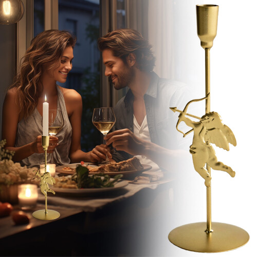 Castiçal de metal dourado em formato de Cupido, 25 cm (10 polegadas), para vela cônica.