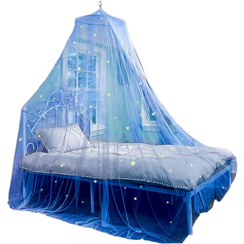 Dossel de cama estilo princesa, azul, redondo, em formato de cúpula, com luz fluorescente.