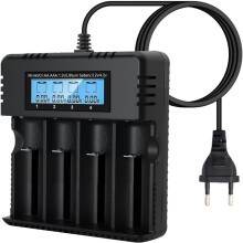 Cargador de Batería con Pantalla LCD, Carga de Batería Li-Ion de 4 Ranuras para Baterías Li-Ion de 3.7V 26650/18650/14500/16340 Enchufe Eu