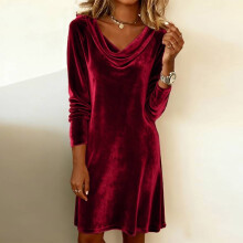 Velvet Dress for Women - Womens Velvet Dress Cowl Neck Ladies Long Sleeve Guest Wedding Dresses Elegant Holiday Party Midi Dress Wine Size:M