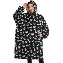 Oversized Wearable Blanket Hoodie,Black Dog Paw Footprint Bone Sherpa Blanket Hoodie with Super Pockets,Super Warm Fuzzy Pullover for Women & Men