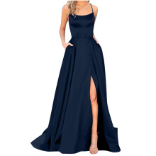 Women's Satin Ball Gown Evening Dress with High Slit and