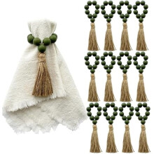 Ronds de serviette en bois vert olive, style bohème champêtre, lot de 12
