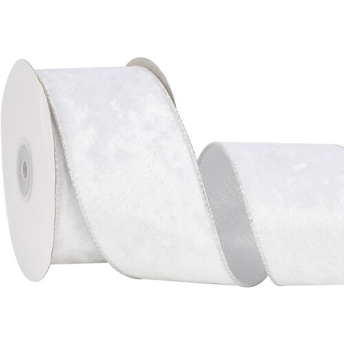 Fita de veludo branco de 6,35 cm (2,5 polegadas) com borda prateada e glitter, aramada.