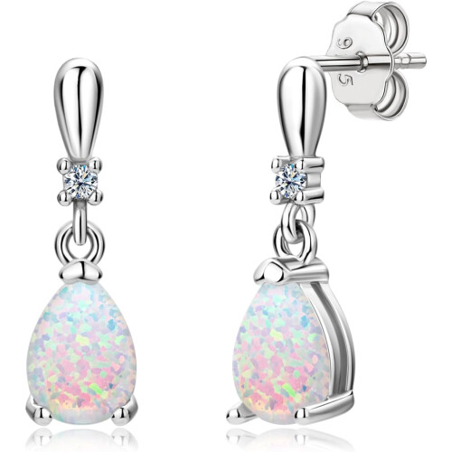 18K White Gold Plated Teardrop Opal Dangle Earrings 925
