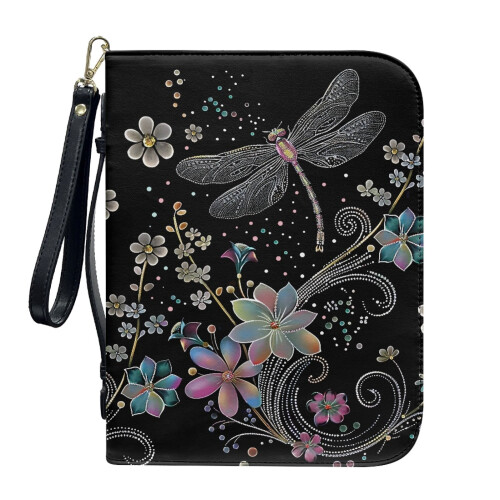 Boho Mandala Flower Dragonfly Leather Bible Cover Large