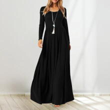Vestido largo elástico de manga larga y cuello redondo para mujer.