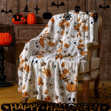 Coperta in flanella con motivo zucca fantasma e foglie autunnali, 39x28 pollici