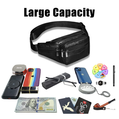 Pochete de couro genuíno preta com 6 bolsos com zíper. 2