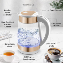 1.7L 1500W Electric Kettle with Auto Shut-Off, Boil-Dry Protection, Cool-Touch Handle, 360 Base – White Copper, Compatible with US Voltage