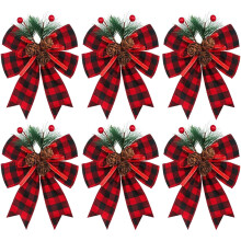 Laços de Natal em fita xadrez búfalo preto e vermelho com