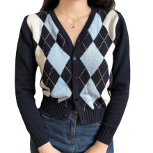 Damen-Strickjacke mit langen Ärmeln und Knopfleiste, Argyle-Karo