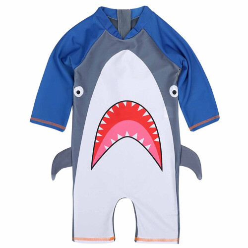 Maiô infantil de uma peça com estampa de peixes e mangas compridas. 1