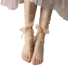 Women's vintage ultra-thin sheer ankle socks with ribbon