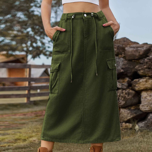 Dames denim cargo rok legergroen hoge taille elastische pasvorm 1
