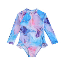 Girls Swimsuit,Girls Long Sleeve Swimsuit Zipper Front Tie Dye Watercolor Print Rash Guard Swimsuit for Summer Beach,Tankini Swimsuits,4-5 Years,Blue