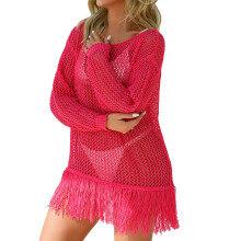 Women's Crochet Swim Cover-Up Long Sleeve Beach Dress